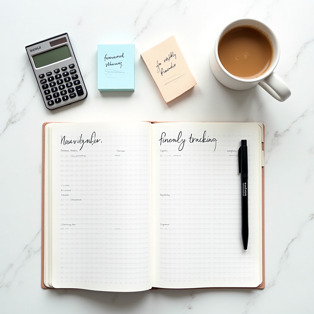 Financial planning notebook open on a clean desk with a pen and simple tracking tools