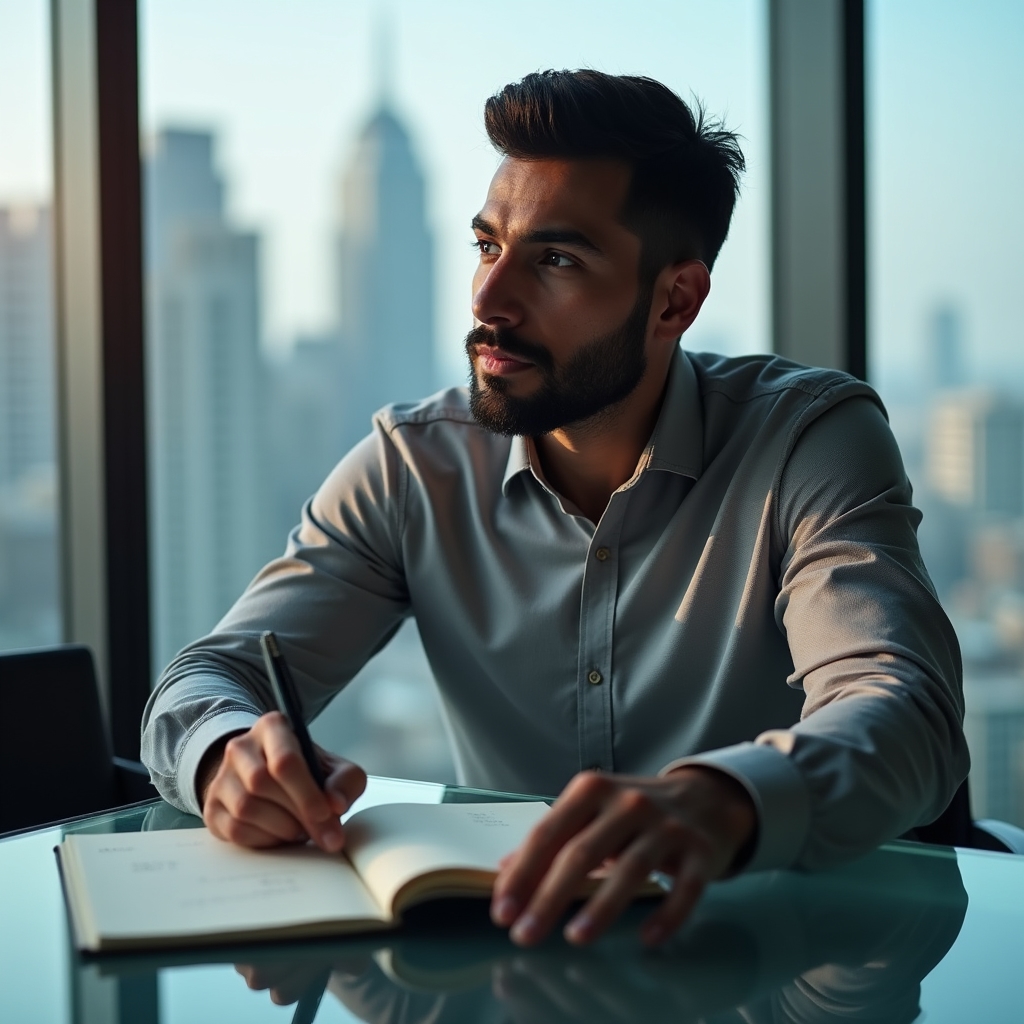 Person thoughtfully reviewing goals and planning next steps at a modern workspace