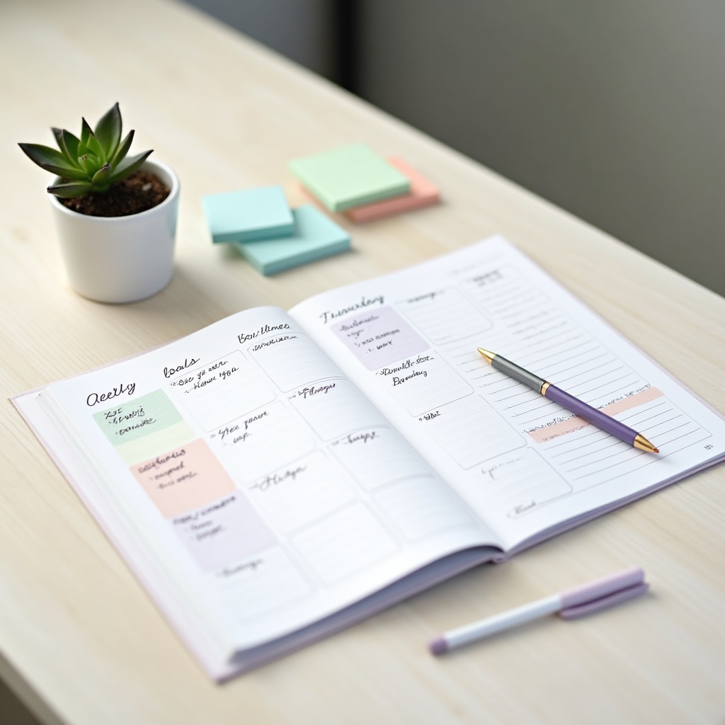 A well-organized desk with planners, notebooks and goal-tracking tools